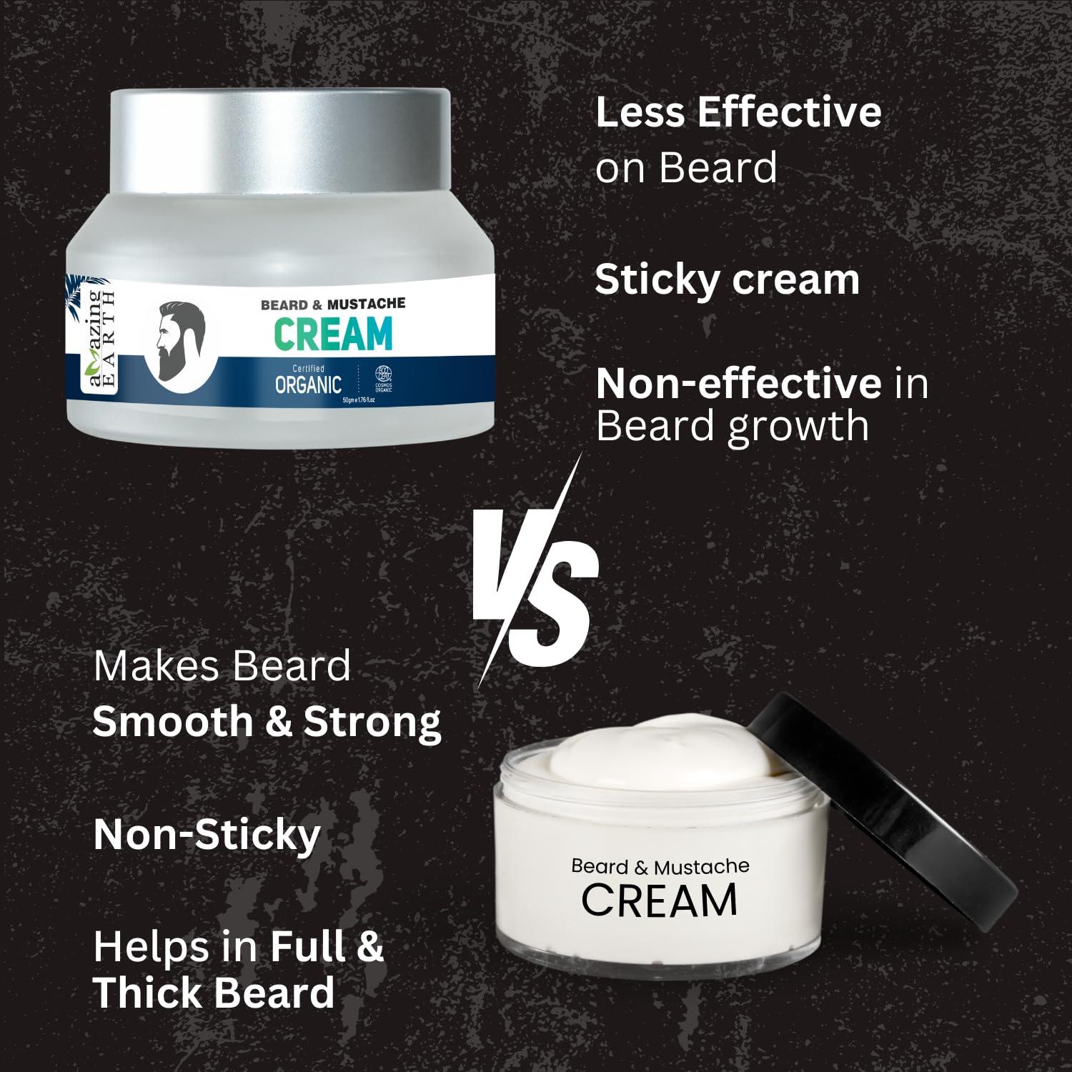 AMAzing EARTH AMAzing EARTH Certified Organic Beard Mustache Cream for Men - 100% Natural, Shea Butter, Olive, Patchouli & Godel Jojoba Oil, Beard Hair Growth, Sulphates & Parabens Free and Cruelty Free, 50gm