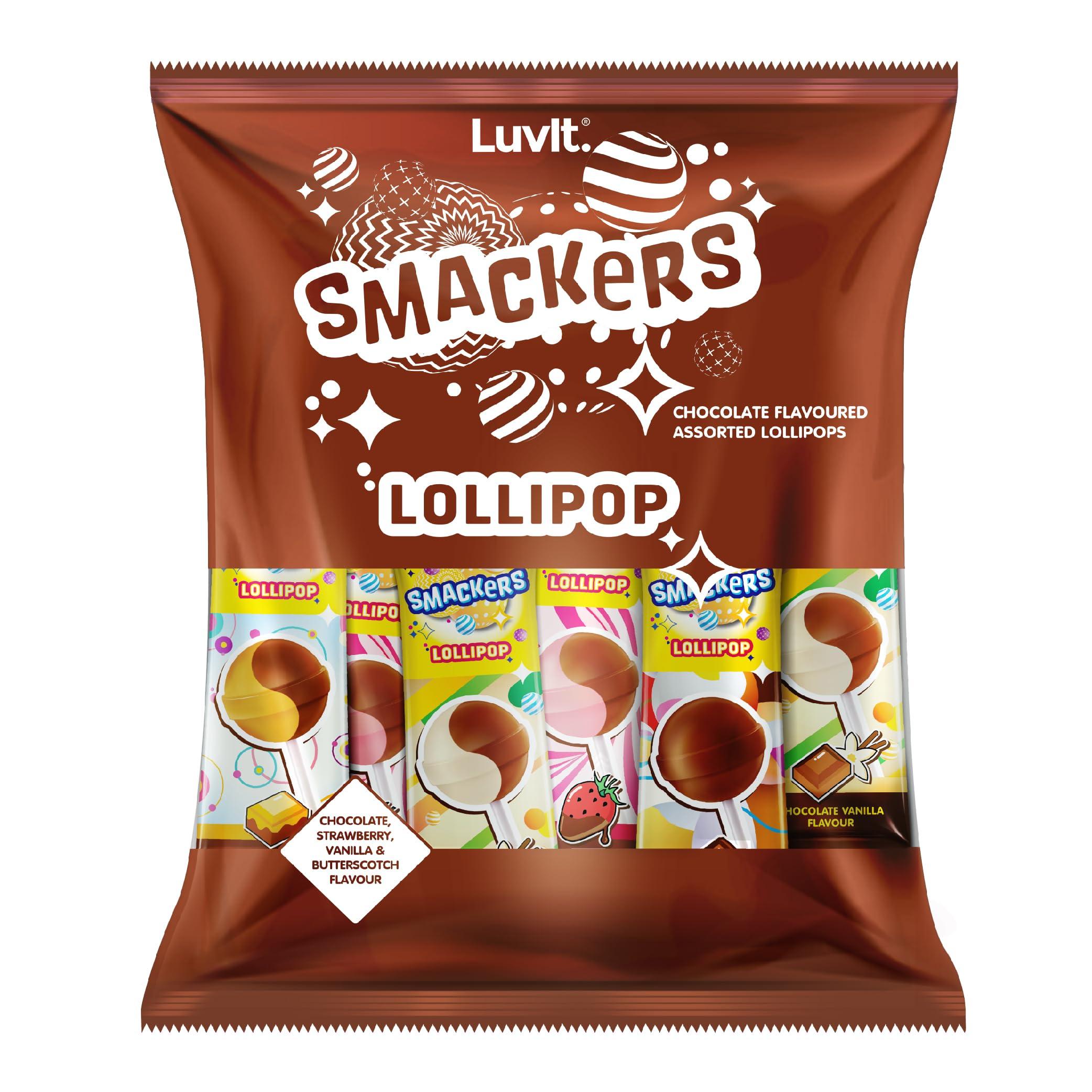 LuvIt. LuvIt Smackers Chocolate Flavoured Lollipops (Chocolate Butterscotch, Chocolate Vanilla, Chocolate Strawberry & Chocolate) | Pack of 1-480g Each