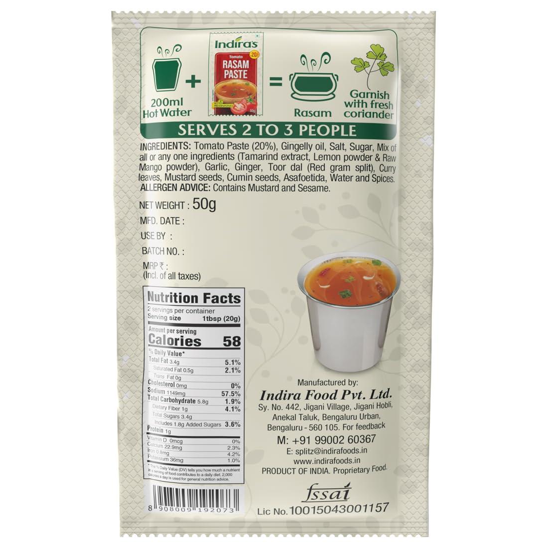 Indira's Indira's Instant Rasam Paste Combo: More Flavourful Than Rasam Powder. Just Add Hot Water. 3 Tasty Flavours: Tomato (50gX3), Pepper (50gX3) & Dal (35gX3)