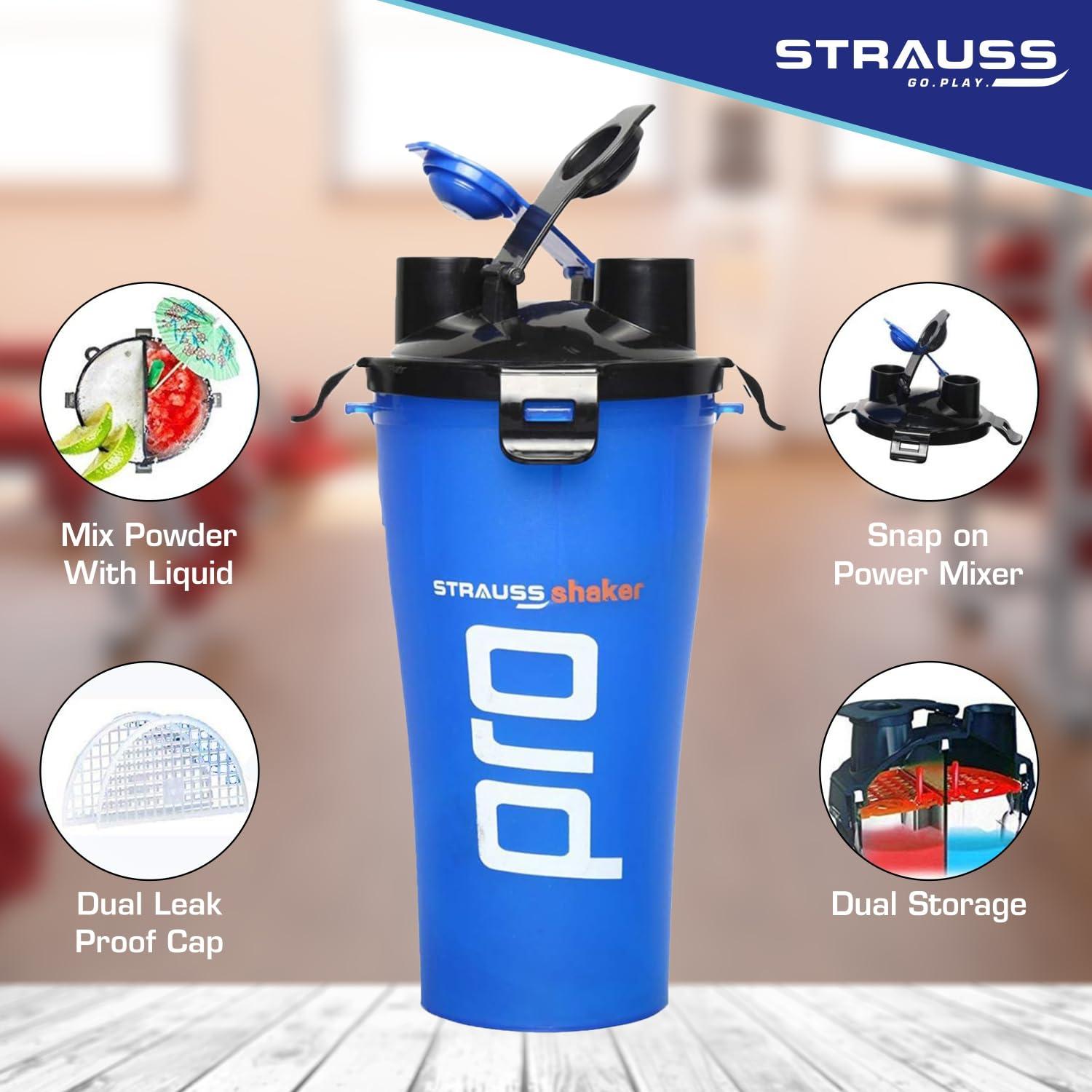 STRAUSS STRAUSS Dual Shaker Pro | Pre & Post Protein Shake On the Go | Leakproof and BPA-Free Material | Dual Shaker Bottle | Protein Shaker Bottle for Gym | Suitable for Both Men and Women, 700ml,(Blue)