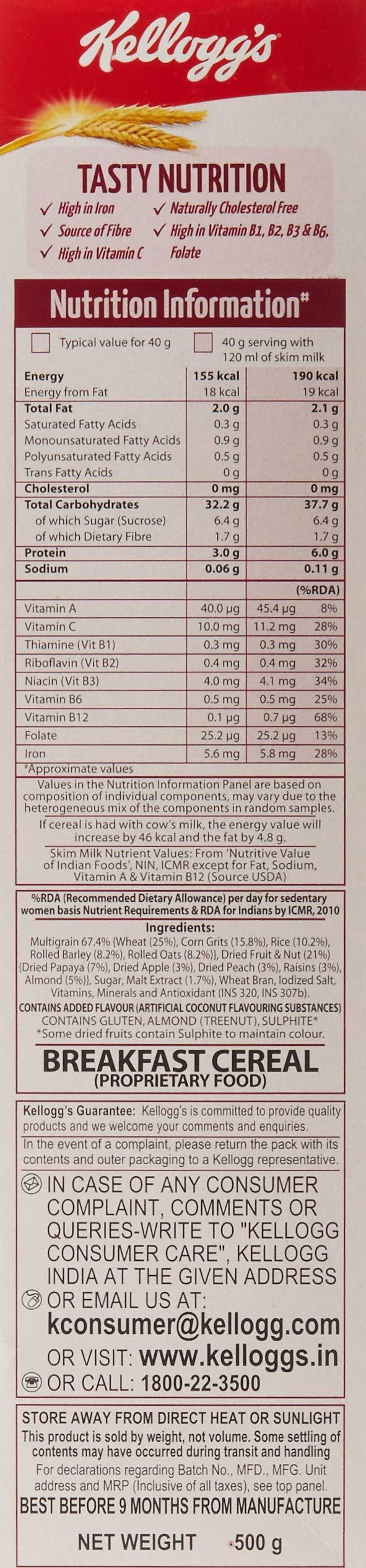 Kellogg's Kellogg's Muesli Crunchy Fruit And Nut, Multi-Grain Cereal, High In Iron, Vitamin B And Source Of Fibre, 500g