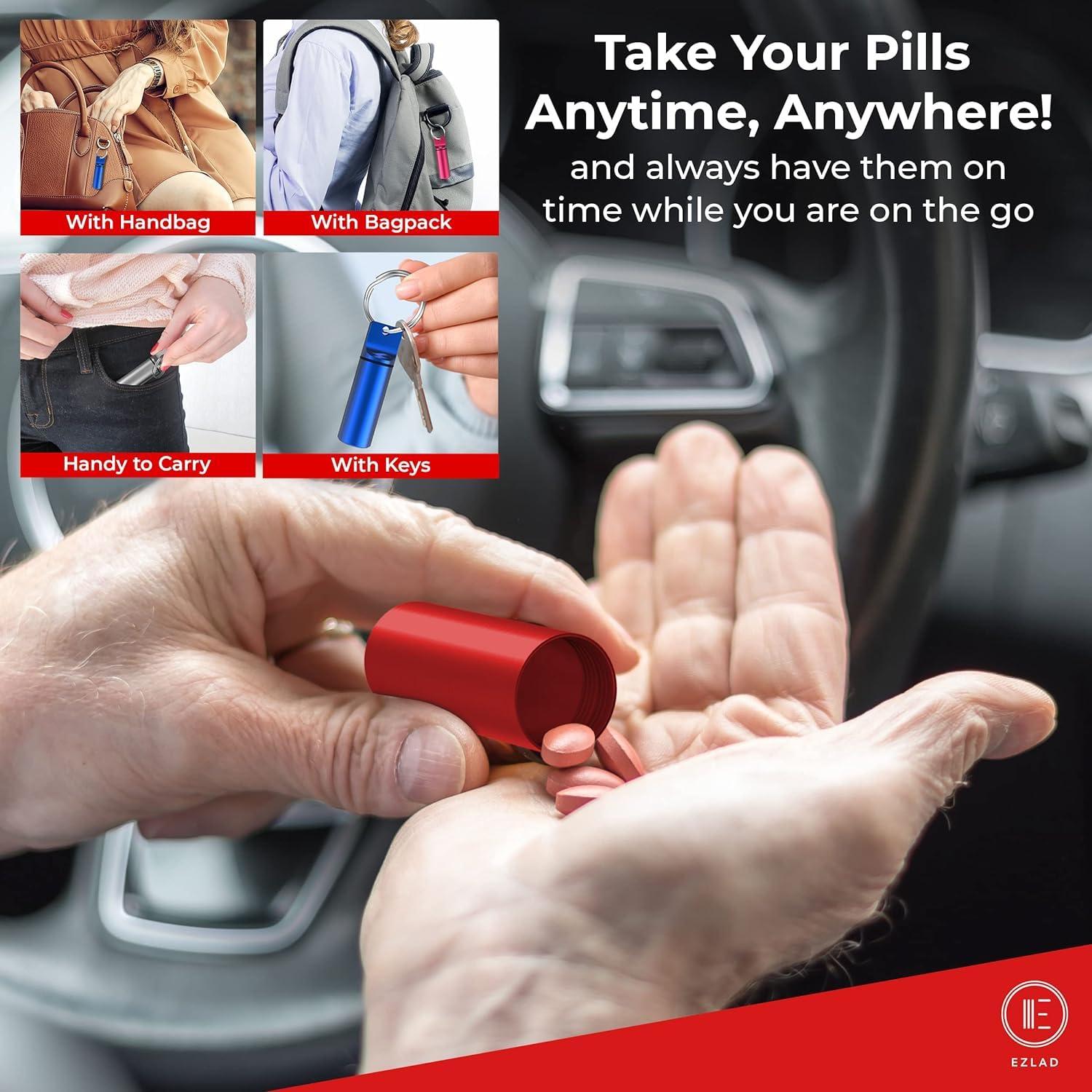 TOPPROSPER Keychain Pill Holder (5 Pack), Aluminum Waterproof Portable Small Travel Medicine Bottle Case Box Container for Purse, Mini Metal Capsule/Tablet Keeper Pocket Organizer for Men & Women