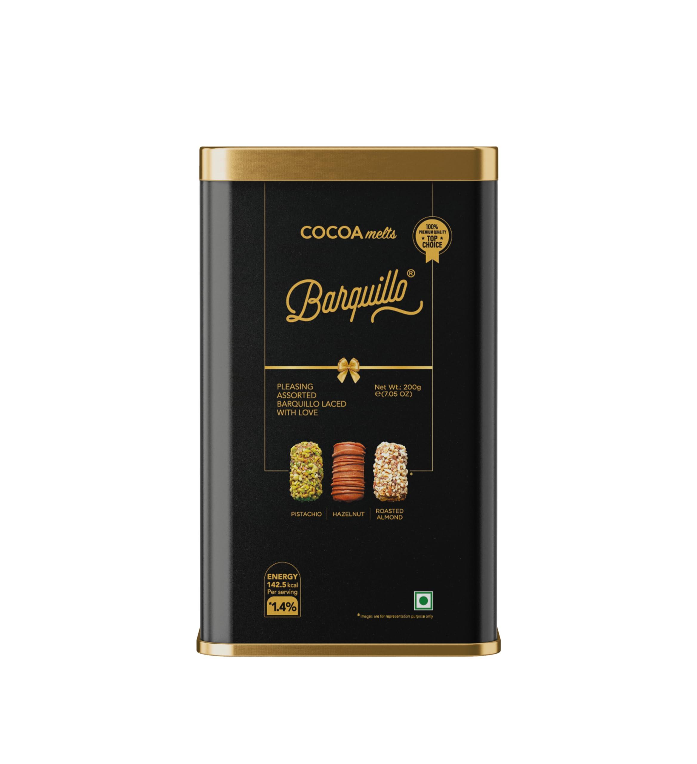 BARQUILLO Barquillo Assorted Premium Chocolate Tin Pack - 10 Pcs (200 gm) | Roasted Almonds, Hazelnut and Pistachio imported | Dubai couverture taste | Raksha bandhan Gift Celebration Independence special
