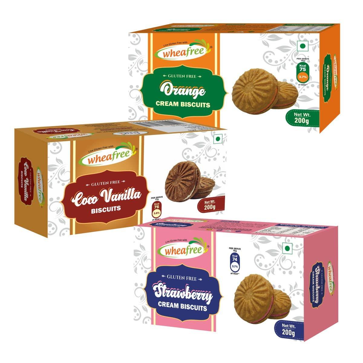 wheafree Wheafree Gluten Free Cream Biscuits Combo 600g (Strawberry, Orange, Coco Vanilla) Certified Gluten Free (Pack of 3 * 200g Each)