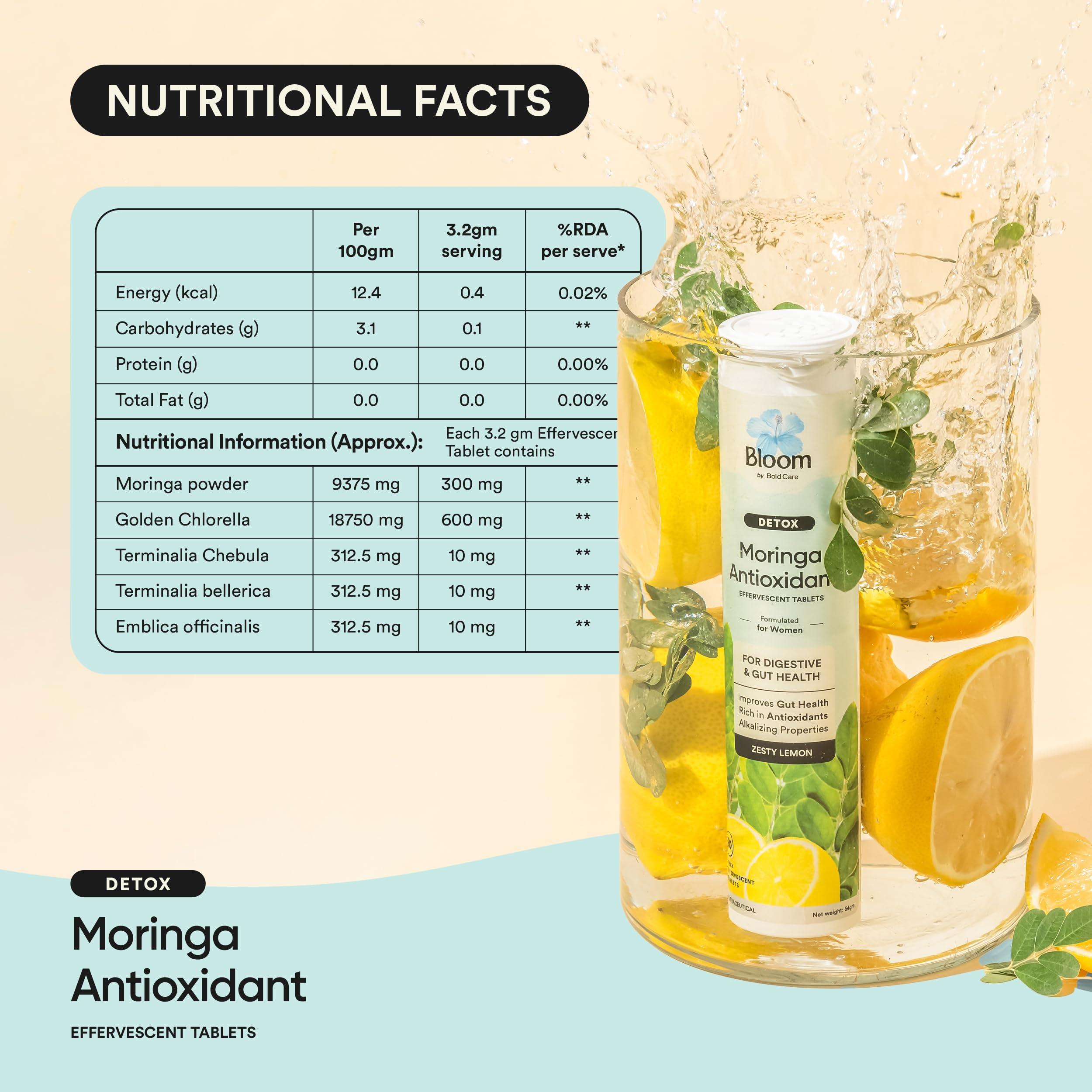 Bloom by Boldcare Bloom Moringa Antioxidant Effervescent Tablets | 20 Effervescent Tablets (Pack of 2) | Natural Liver Detox and Gut Health | Infused with Organic Moringa Leaf Powder | Lemon Flavour