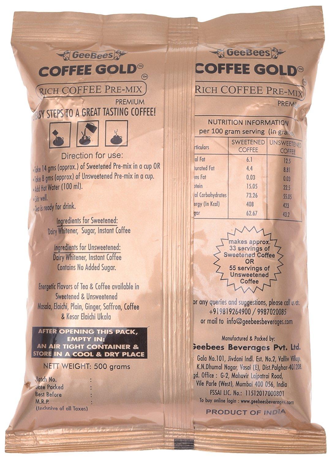 GeeBees Coffee Gold GeeBees Coffee Gold Instant Premix Coffee Low Sugar, 500 g