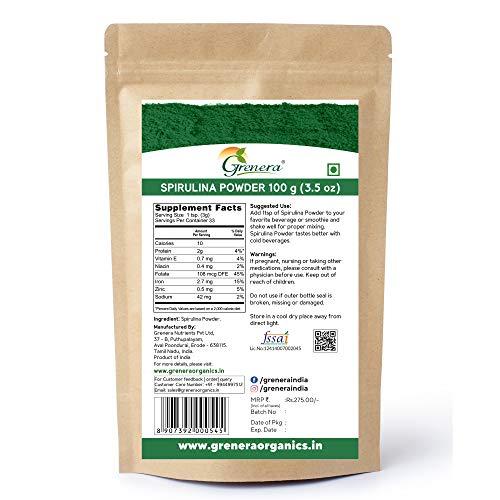 GRENERA Grenera Spirulina Powder, Rich in Protein, Vitamins, Minerals, Gluten Free, Vegan, Non GMO, 100 grams
