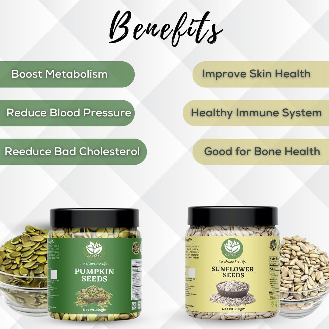 Go Vegan GO VEGAN Raw Pumpkin, Sunflower Seeds for Eating Protein and Fibre Rich Food For Immunity Booster Diet Food Pack of 2-250g (JAR Pack)