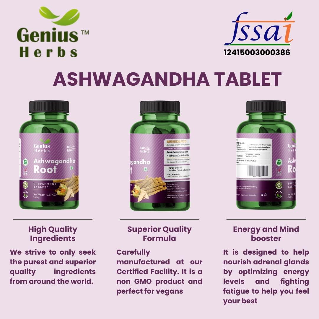 Genius Herbs Genius Herbs Ashwagandha Root Tablets - Stress Relief/Improves Muscle 500mg (180 Tablets) | 30 days Supply