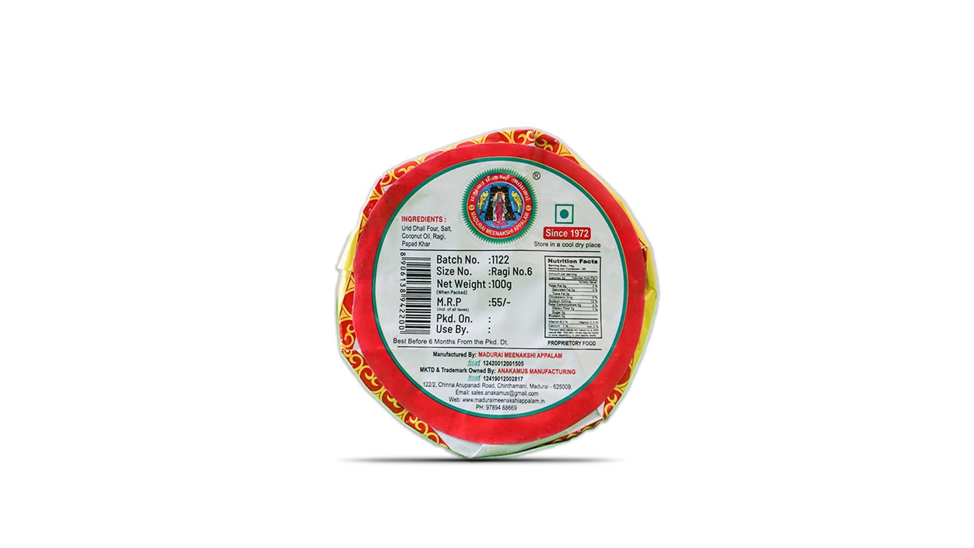 MADURAI MEENAKSHI Madurai Meenakshi Appalam Papad |Ragi Millet Appalam 100g x Pack of 5 ( No-6)-Traditional Homemade / Papad/ Appalam /Papad Plain Indian Papad /Madurai Happala South Indian Papad Papadam Snack for Meals