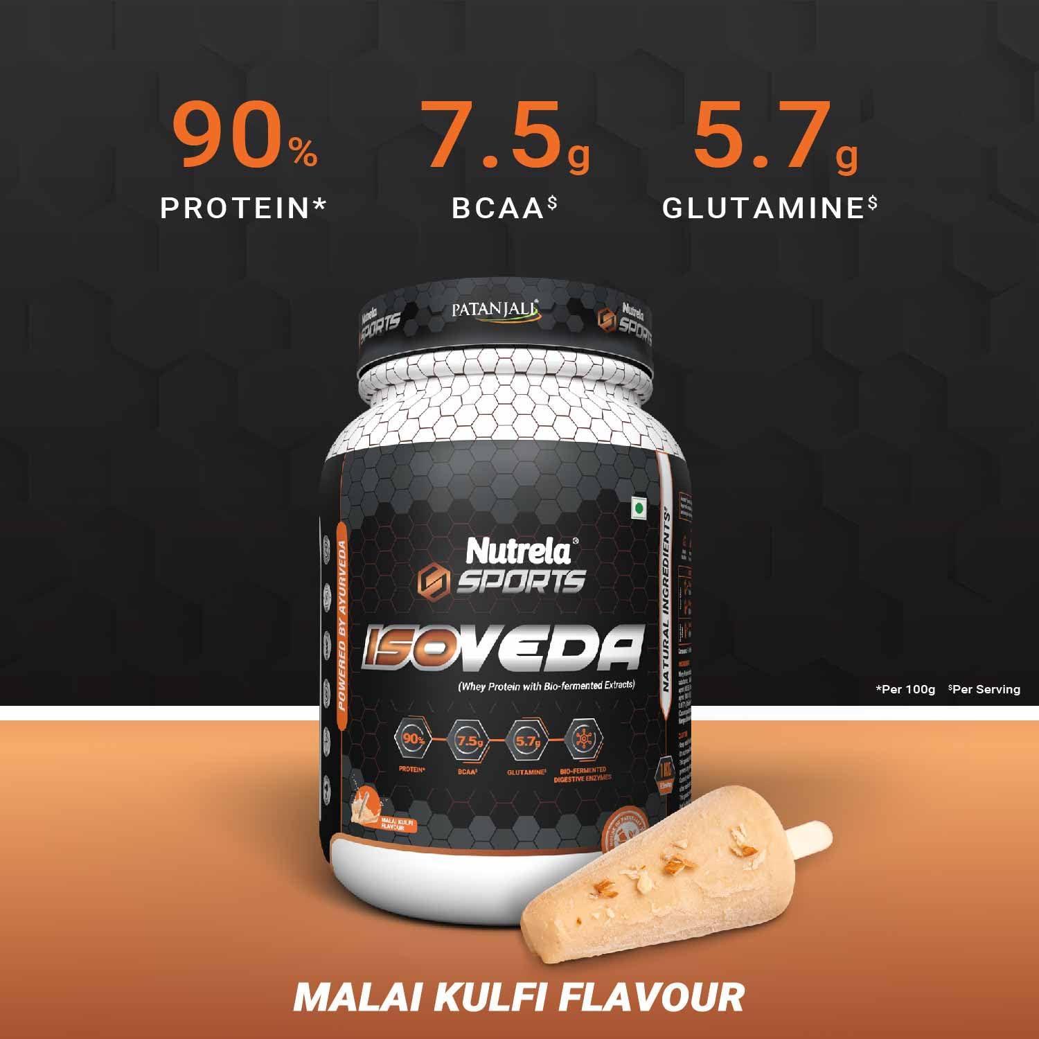 NUTRELA NUTRELA Sports Patanjali Premium Whey Isolate Protein Powder | 90% Protein, 7.5g BCAA, 5.7g Glutamine | 1kg Malai Kulfi Flavour