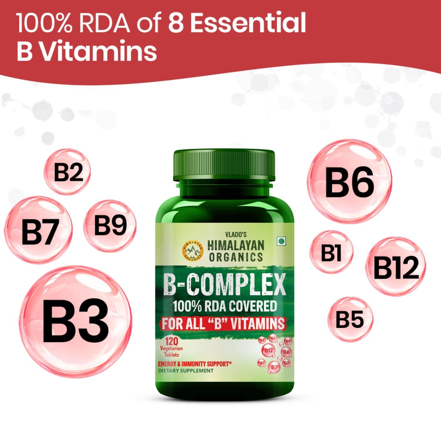 HIMALAYAN ORGANICS Himalayan Organics Vitamin B Complex with 100% RDA B1, B2, B3, B5, B6, B7, B9 & B12 | Hair Growth, Energy & Immunity | Youthful Skin - 120 Veg Tablets