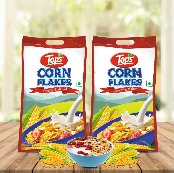 TOPS TOPS Corn Flakes 1 kg (500 gm *2 pouch) | No Added Flavour| Low Fat & Low Cholesterol | Dietary Fibre | Deliciously Crunchy | Breakfast Cereal