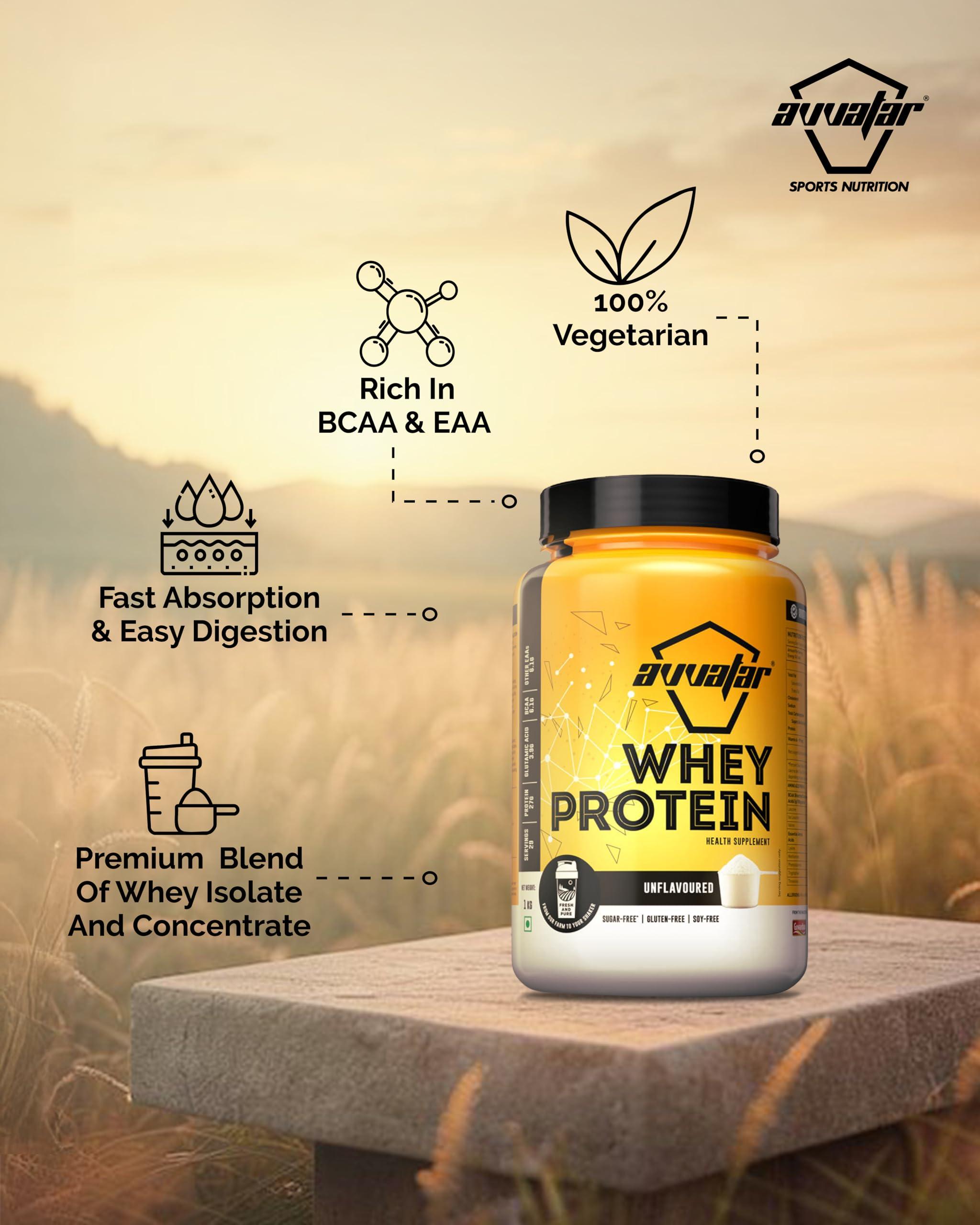 avvatar avvatar Whey Protein | 1 KG | Unflavoured | 27g Protein | 29 Servings | Isolate & Concentrate Blend