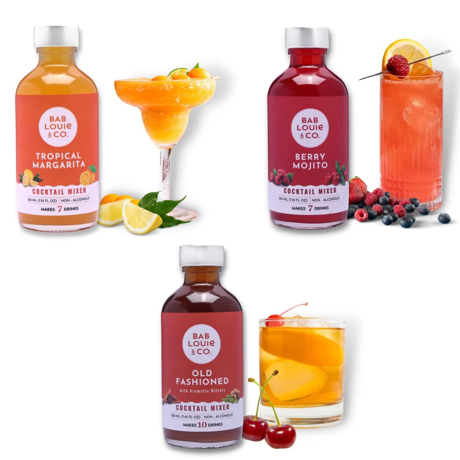 Bab Louie & Co. Bab Louie & Co. Cocktail Mix, Old Fashioned, Berry Mojito & Tropical Margarita, 100% Natural, Cocktail and Mocktail Syrup, Makes 7-10 Drinks (Pack of 3)