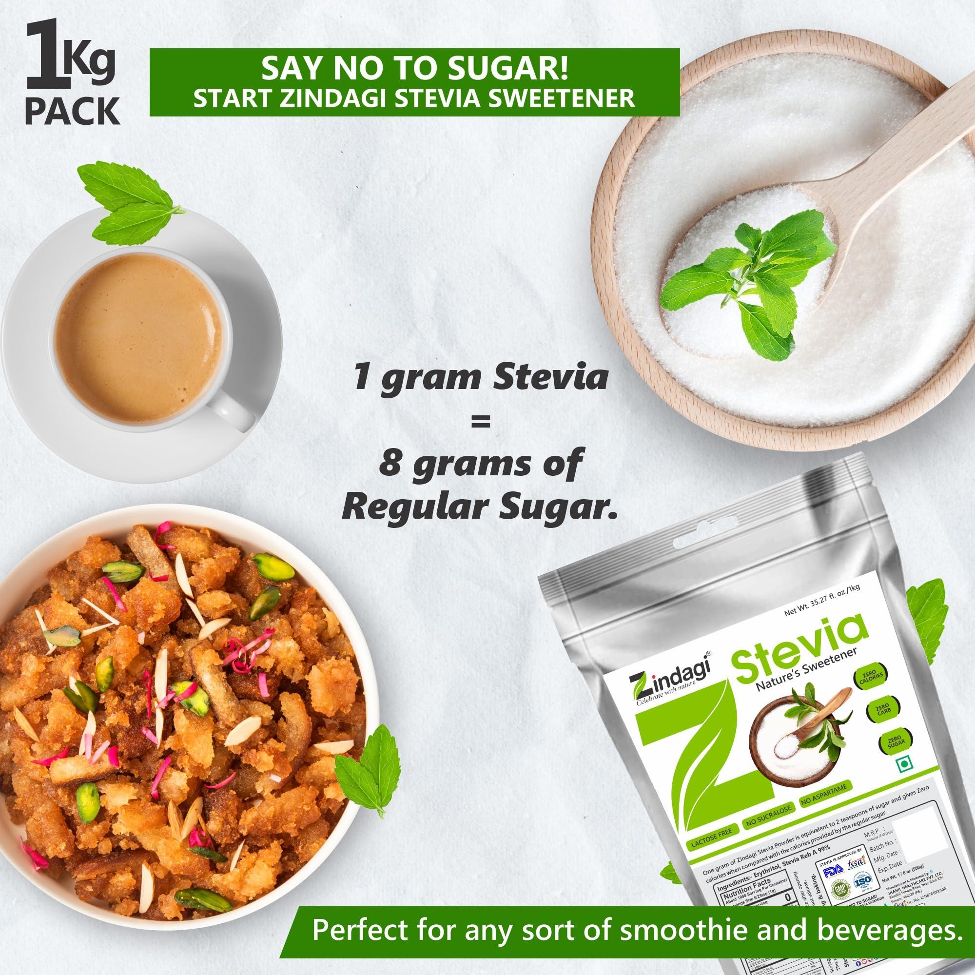ZINDAGI Zindagi Stevia Powder (Reb A 99%) Extract | Sugar Subsitute | Stevia Natural Sugar-free Powder In Bulk | 500 gm | Pack of 4