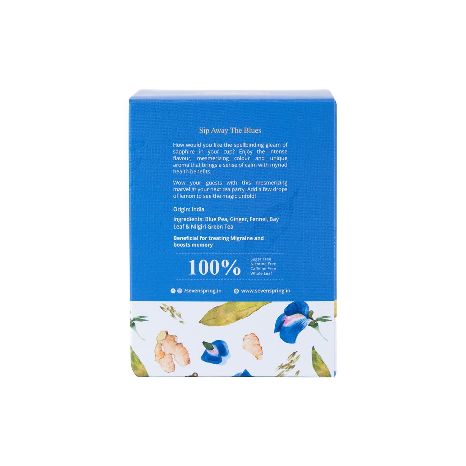 SEVEN SPRING Seven Spring Blue Pea Ginger Fennel Tea | 90 Cups - 30 tea bags | Reduces Stress and Calms your Senses | Shankhpushpi Ancient Tea