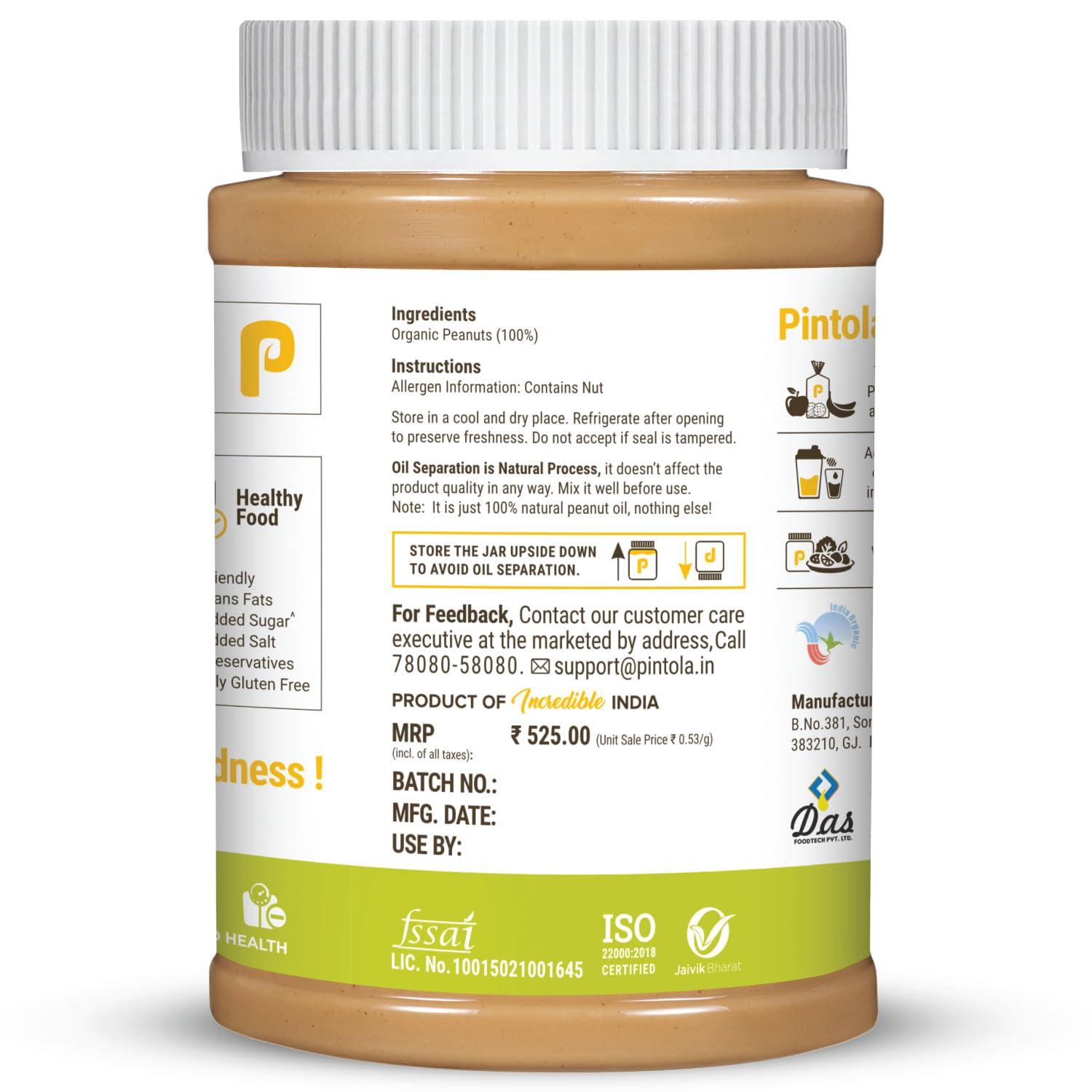 Pintola Pintola Organic Unsweetened Peanut Butter Creamy 1kg - High Protein 30g & 9g Dietary Fiber, Made with Organic Peanuts, No Added Sugar, No Preservatives