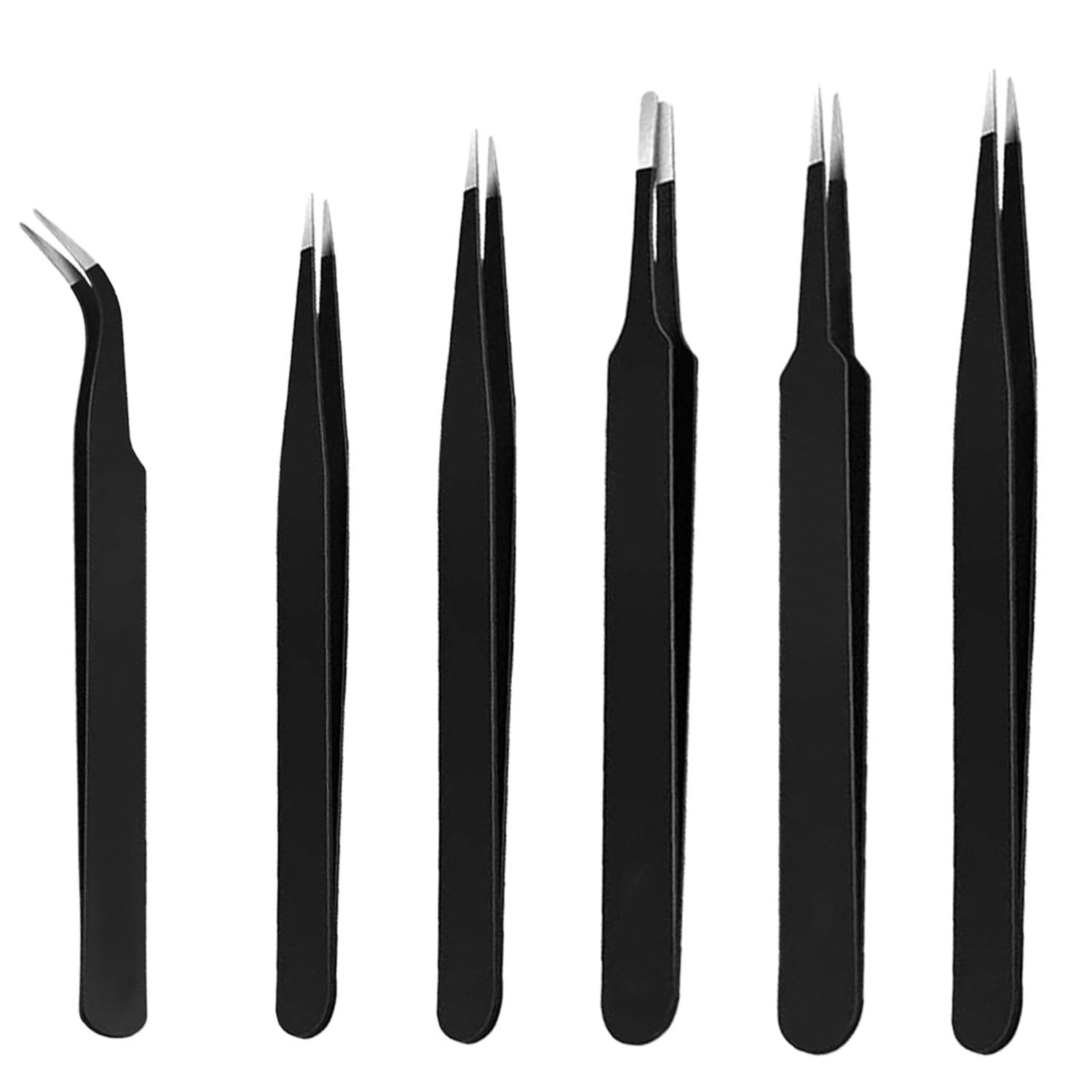 MADHYA MADHYA Tweezers for Ingrown Hair Removal, Surgical Grade Medical Tweezers with Sharp Needle Nose Point Tips Ideal Pointed Tweezers for Splinters & Tick Removal, Black, Pack of 6