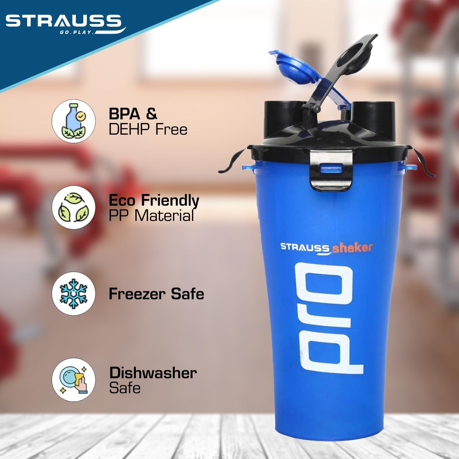 STRAUSS STRAUSS Dual Shaker Pro | Pre & Post Protein Shake On the Go | Leakproof and BPA-Free Material | Dual Shaker Bottle | Protein Shaker Bottle for Gym | Suitable for Both Men and Women, 700ml,(Blue)
