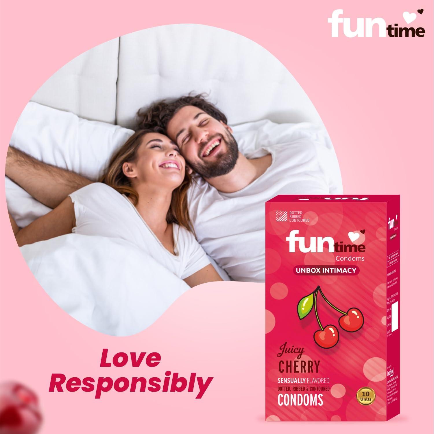 FUNTIME Funtime Dotted Condoms with Juicy Cherry Flavor  Ribbed & Contoured for Extra Pleasure, Finest Natural Latex, Skin-Safe Lubrication, 100% Electronically Tested Count 10 - Pack of 3 (Total 3 Condoms)