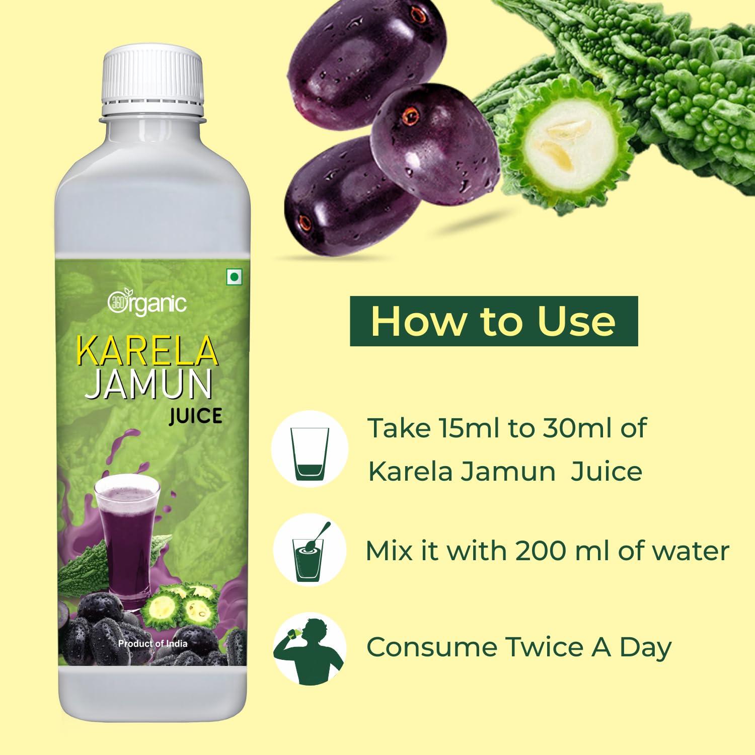 360 Degree Organic 360 Degree Organic Karela Jamun Juice for Controls Blood Sugar Levels | Fights Cholesterol | Helps Improves Digestion | Helps Build Immunity | Skin Wellness - No Added Sugar - 500 ml (Pack 1)