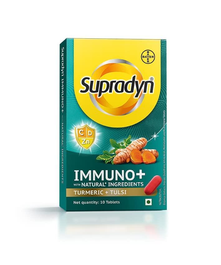 Supradyn Supradyn Immuno +, Multivitamin Vit C, Vit D, Zinc, Unique blend of Tulsi, Turmeric, Shatavari & Ashoka, Pack of 9 x 10 Tablets