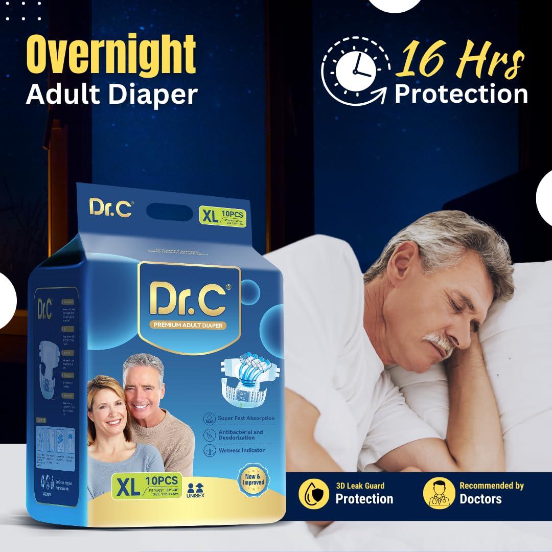 DR. C Dr.C Overnight Adult Diaper (Tape Style) High Absorption, 16 hrs Protection, Odour Free, Leak Proof, and breathable back sheet. Size - Medium (76-114 cms,30-45 Inch) Pack of 1 (10 counts)