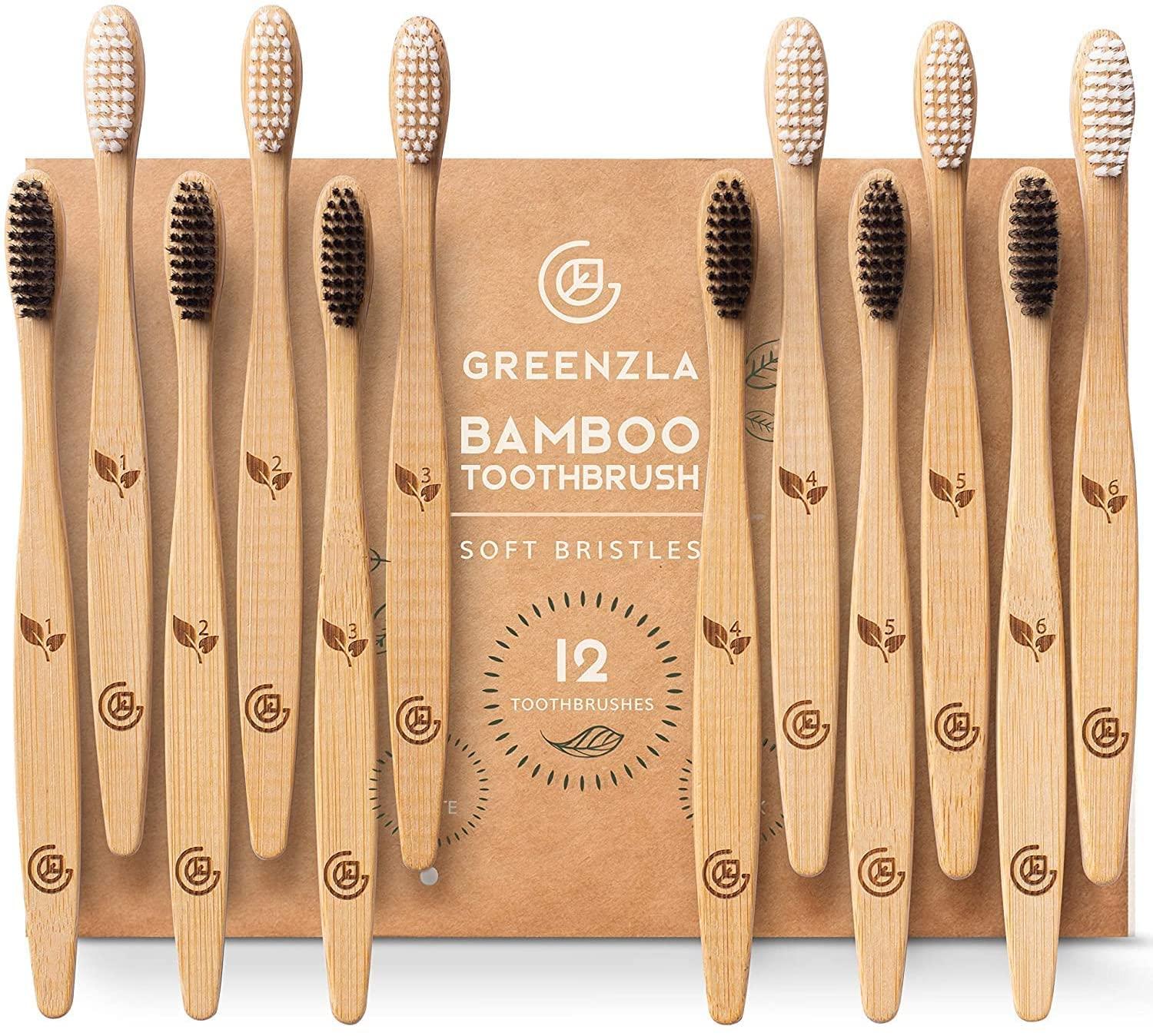 GREENZLA GREENZLA Biodegradable & Compostable Charcoal Wooden Bamboo BPA-Free Soft Bristles Eco-Friendly, Natural Manual Toothbrushes Set for Adult (12 Pack)
