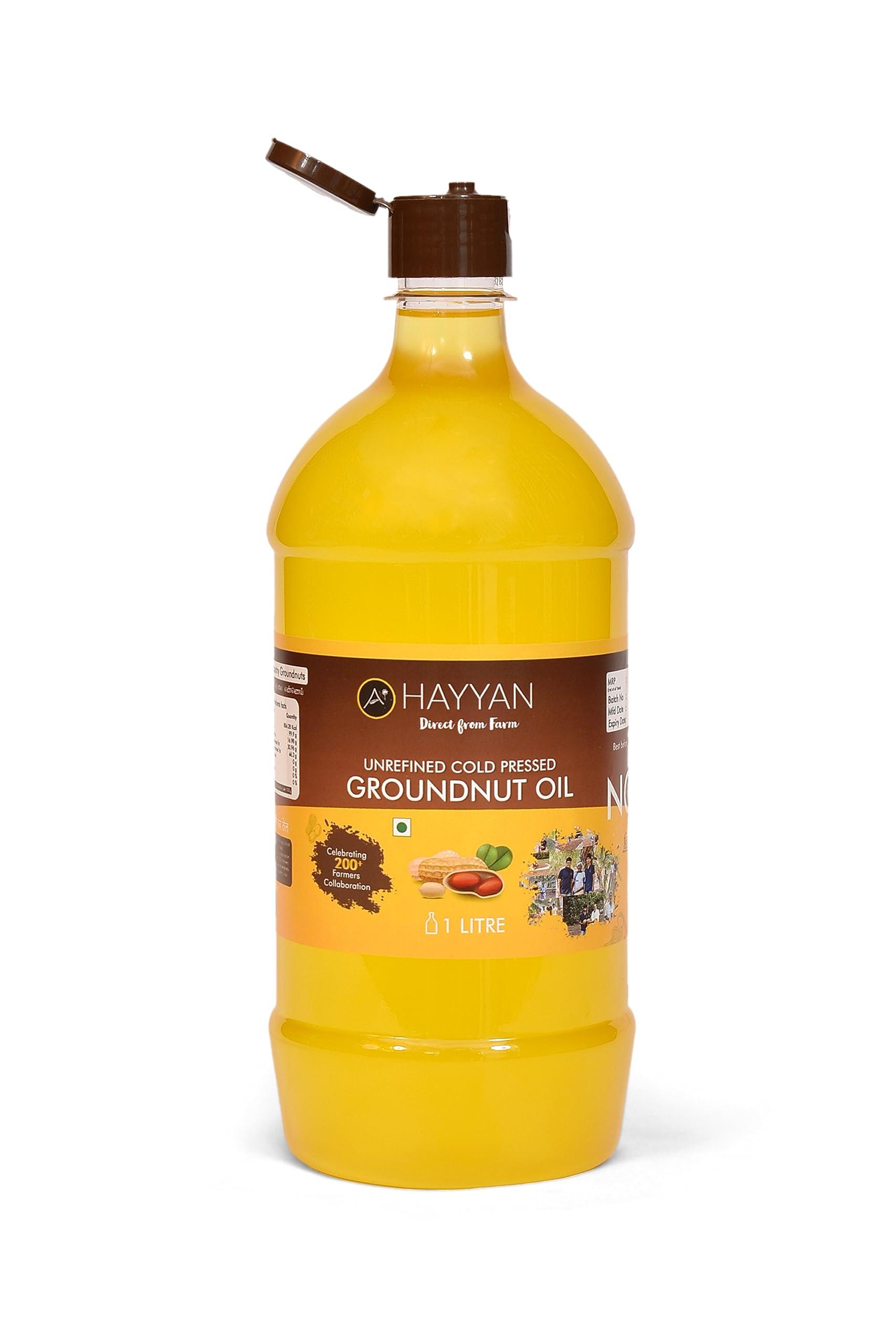 HAYYAN HAYYAN 100% Pure Unrefined Cold/Wood Pressed Virgin Groundnut Peanut Oil 1 Liter - for Cooking (Chekku/Kacchi Ghani)