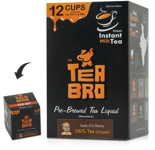 TEA BRO TEA BRO 100% Assam Tea (Original) | Pre-Brewed Tea Liquid Decoction (Concentrate) | Just Add Hot Water | 12 Tea Kits with (Liq. Tea + Liq. Milk + Sugar) - DadaJi's Choice, 100% Tea (Original)