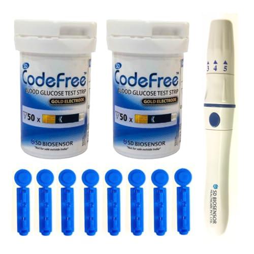 SD Codefree SD Codefree Blood Glucose Meter with 100 test Strips 100 Round Lancet and a Lancing Device - Glucometer (Black)