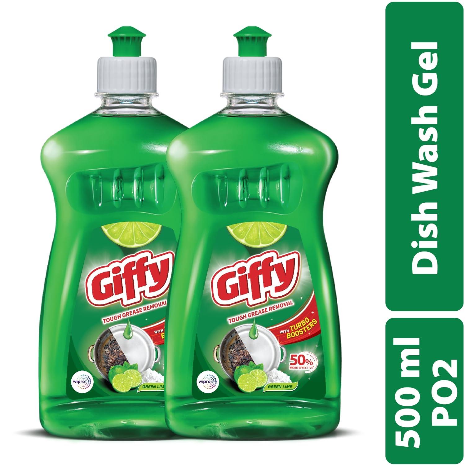 Giffy Giffy Concentrated Liquid Dish Wash Gel 500ml Pack of 2 with Active Salt & Lime| 2x Faster Tough Grease Removal & Mild Fragrance| Removes Tough Malodour| Leaves No White Residue| Hand-Safe