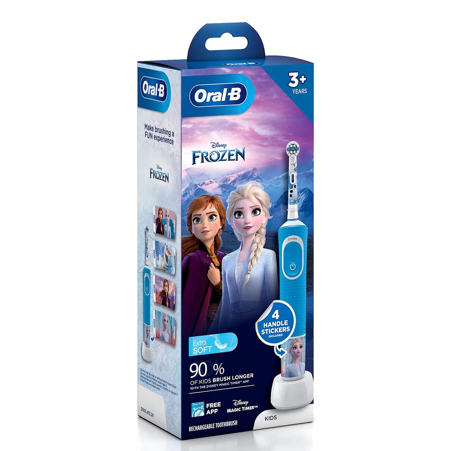 Oral B Oral B Kids Frozen Rechargeable Rotating Electric Toothbrush, 2 Brushing Modes (Daily & Sensitive), 2 Min Timer with Quadpacer, 2 Year Warranty, IPX7 Water Resistant, Round Brush Head