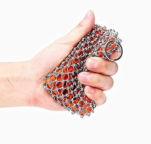 mochiatolovingtale Cast Iron Cleaner,Stainless Steel Cleaner Chain Iron Scrubber with Silicone Insert,Chainmail Scrubber for Cast Iron Pans Cookware Skillet Dishwasher,Kitchen Tools Gadught (Cleaner Red)