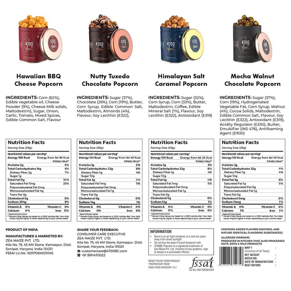 4700BC 4700BC Gourmet Popcorn, Premium Gift Set, 460g, (4 Tins: 1 Hawaiian Barbeque Cheese, 1 Himalayan Salt Caramel, 1 Nutty Tuxedo Chocolate and 1 Mocha Walnut Chocolate)