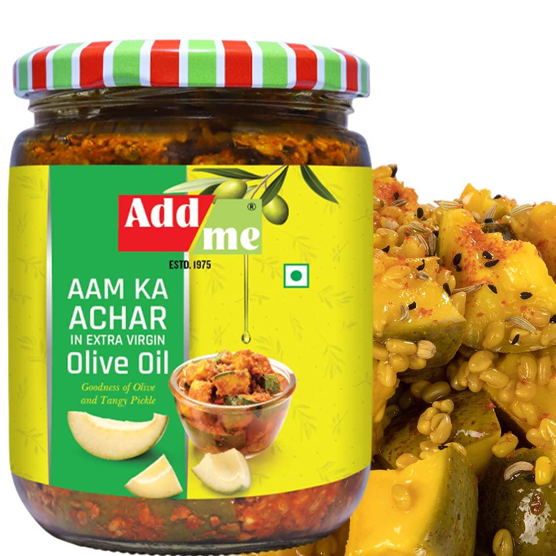 Add me Add me Mango Pickle 500 gm, Mixed Pickles 500 gm, Green Chilli Pickles 500 gm and Aam Nimbu Mirch Achar 500 gm All in Extra Virgin Olive Oil, Total 2 Kg -4 in 1 Pickle Combo Pack