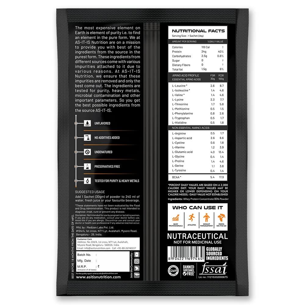 Asitis Nutrition Asitis Nutrition As-It-Is Nutrition Whey Protein Concentrate 80%, Single Serving Sachet 3 Units With Shaker, Pack of 1