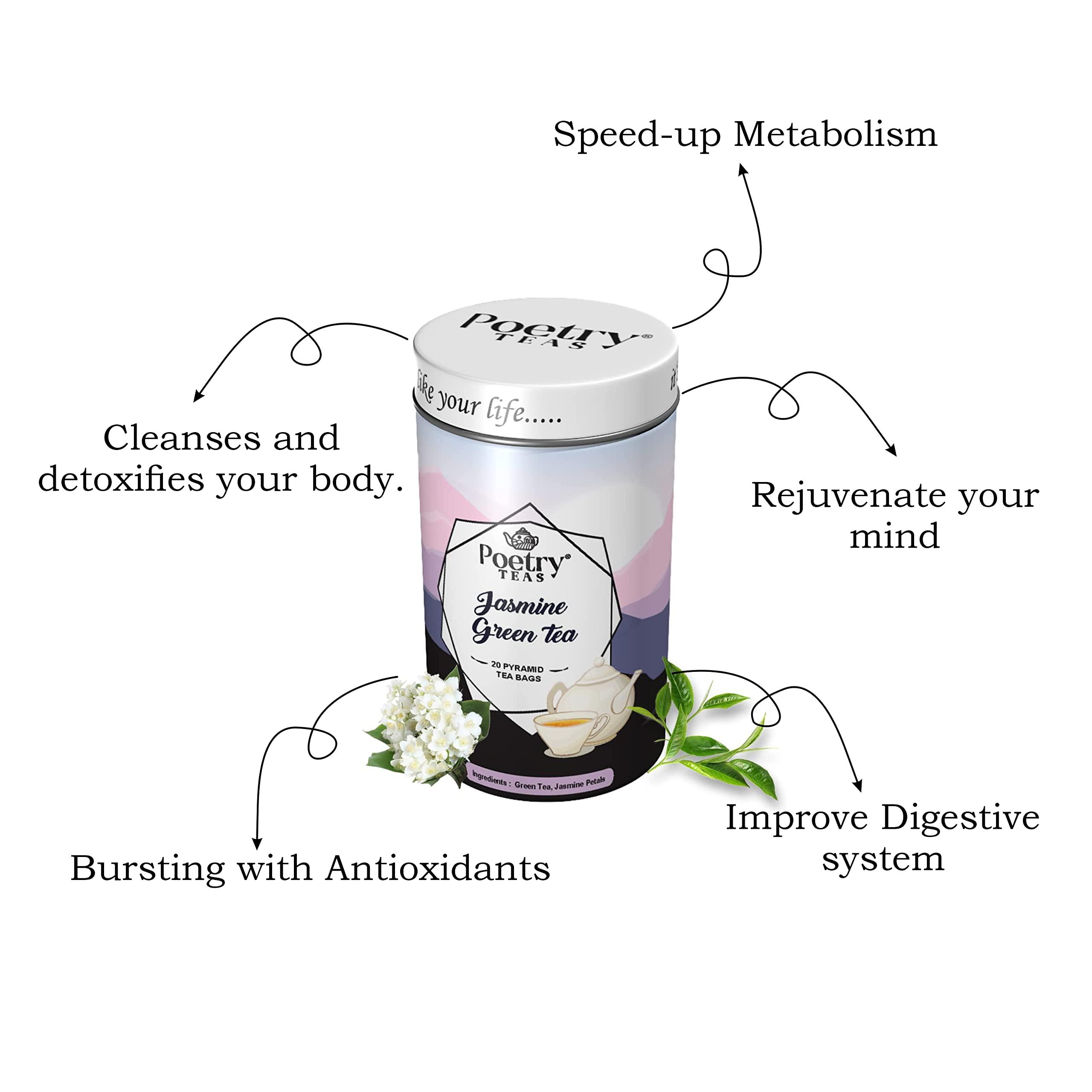 Poetry Poetry Teas Duo - Jasmine Tea Bag (20 Bags) + Hibiscus Loose Tea (75g) - 100% Natural Blend for Healthy Skin, Refreshing Immune Support, Vegan-Friendly, Mood Enhancement, Stress Buster (Combo of 2)