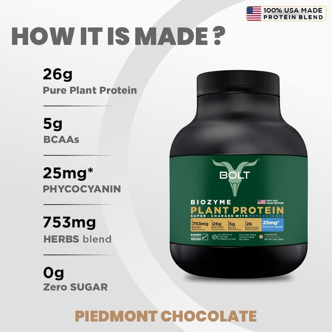Bolt Bolt Biozyme Plant Protein | Vegan Protein with Superfood PHYCOCYANIN and Ayurvedic Herbs | Complete Amino Acid Profile for muscle Support and Recovery | 2Lb/32oz, 26 Servings | Piedmont Chocolate