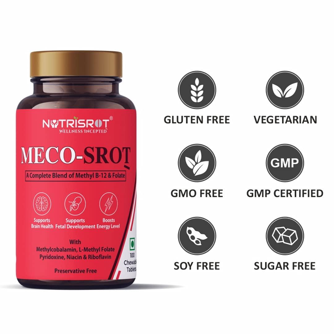 NUTRISROT NUTRISROT MECO-SROT Vitamin 12 Chewable Tablets with Vitamin B2, B3, B6 & folate to support Brain & Nerve Health| Glowing Skin| Energy & Mood Booster supplement for men & women (100 tabs in Spearmint Flavour)