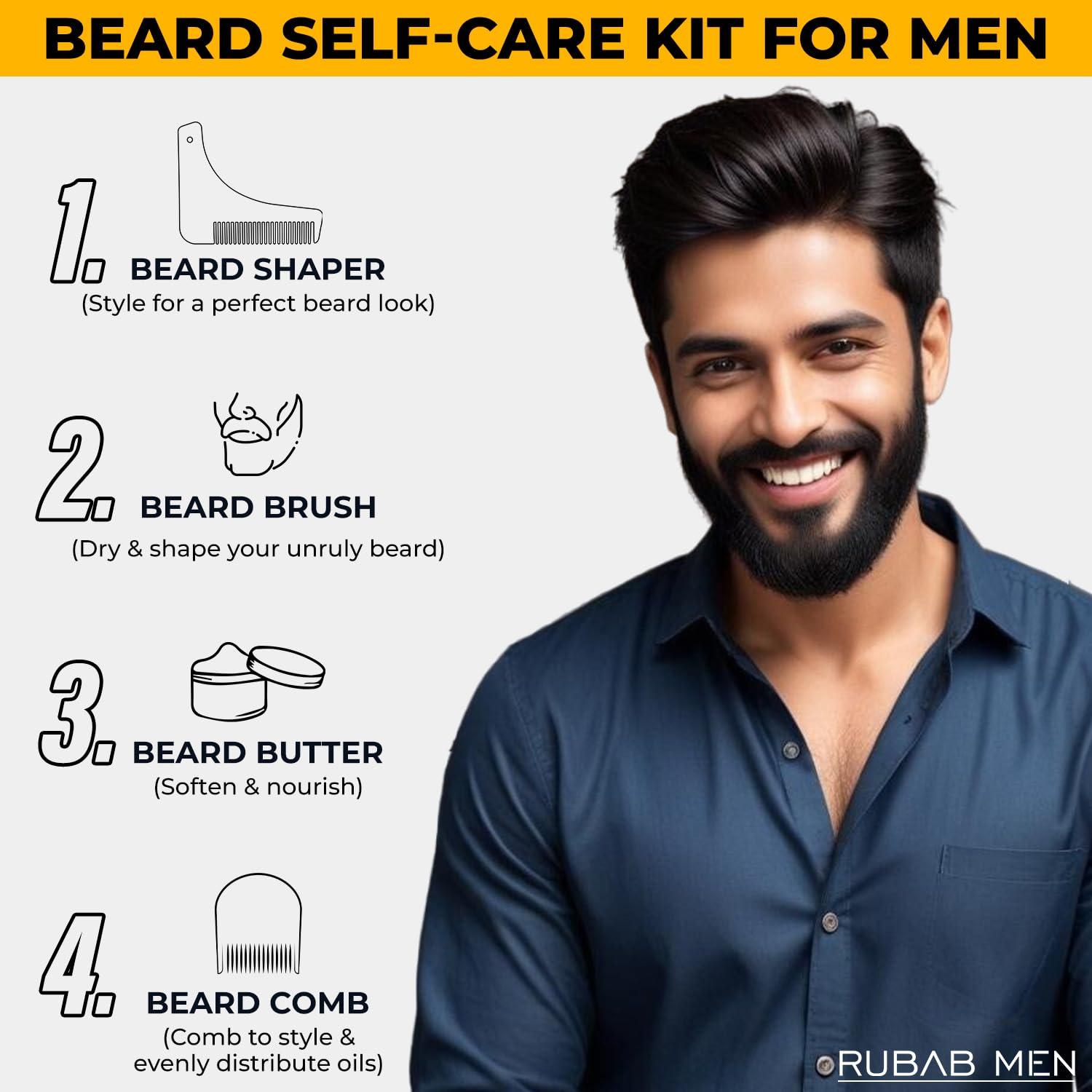 RUBAB MEN RUBAB MEN Beard Grooming 4-in-1 Kit for Men | Beard Brush, Hair & Beard Softener Balm, Wooden Beard Shaper Tool & Wooden Beard Comb for Men | Pack of 4