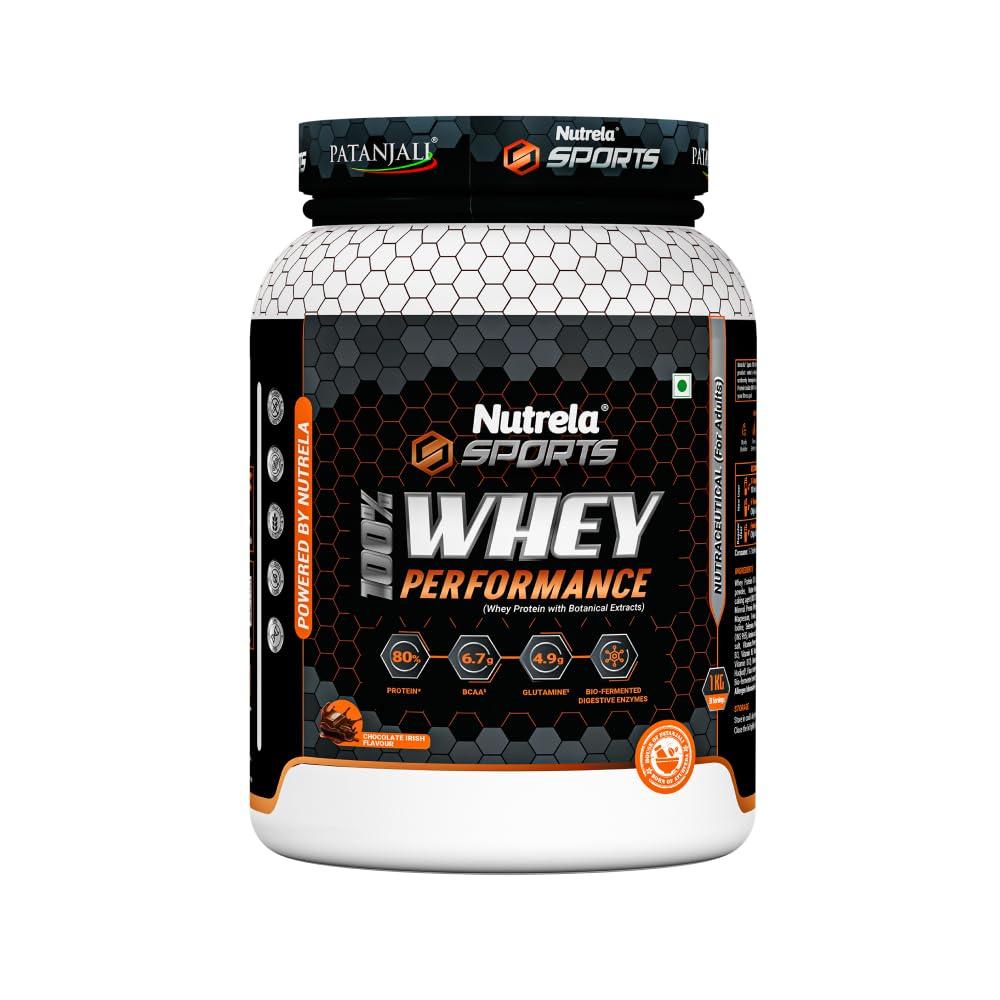 NUTRELA NUTRELA Sports Patanjali Premium 100% Whey Concentrate with Isolate Protein Powder | 80% Protein, 6.7g BCAA, 4.9g Glutamine | 1kg  Irish Chocolate Flavour
