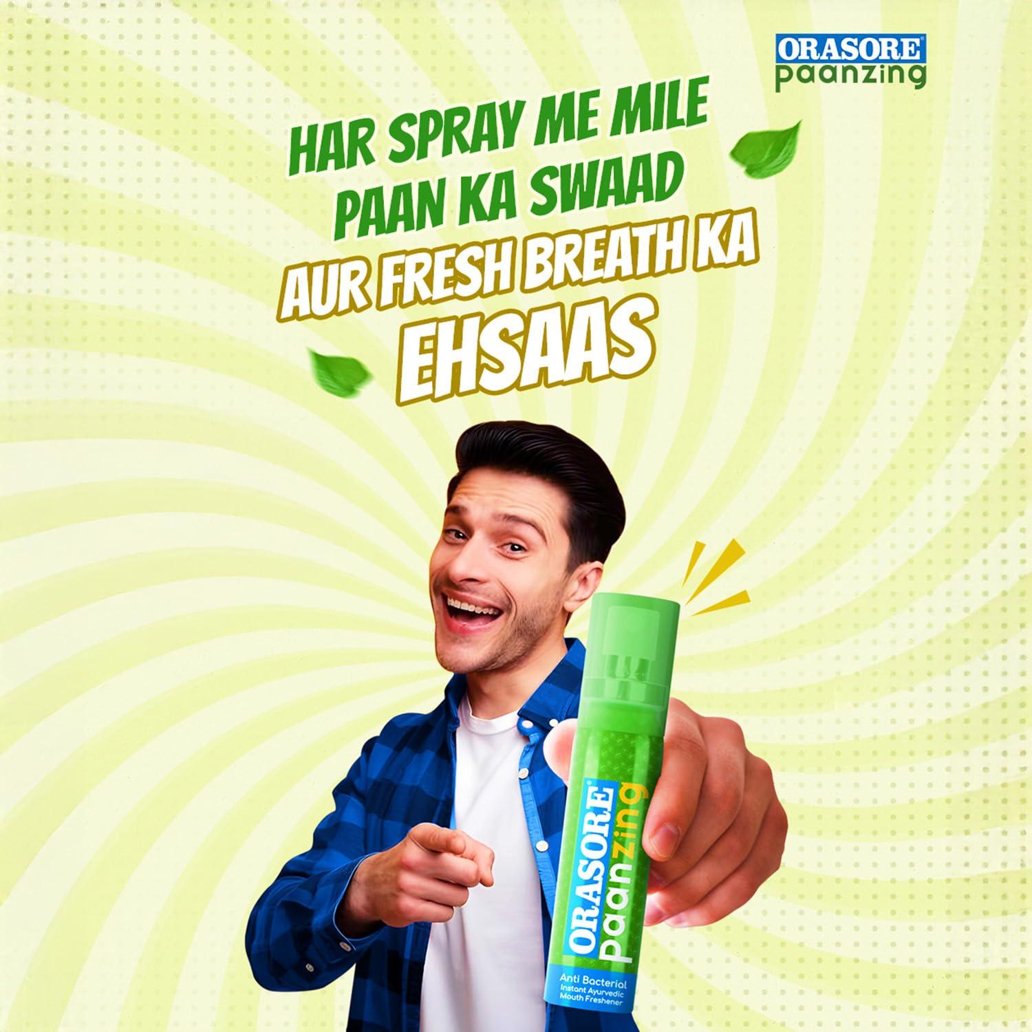 ORASORE PaanZing Instant Mouth Freshener Spray by Orasore | Paan, Aloe Vera, Pudina, Peppermint, Cinnamon, Clove & Elaichi | Anti Bacterial & Long Lasting, Germ-free Blend (Pack of 10)