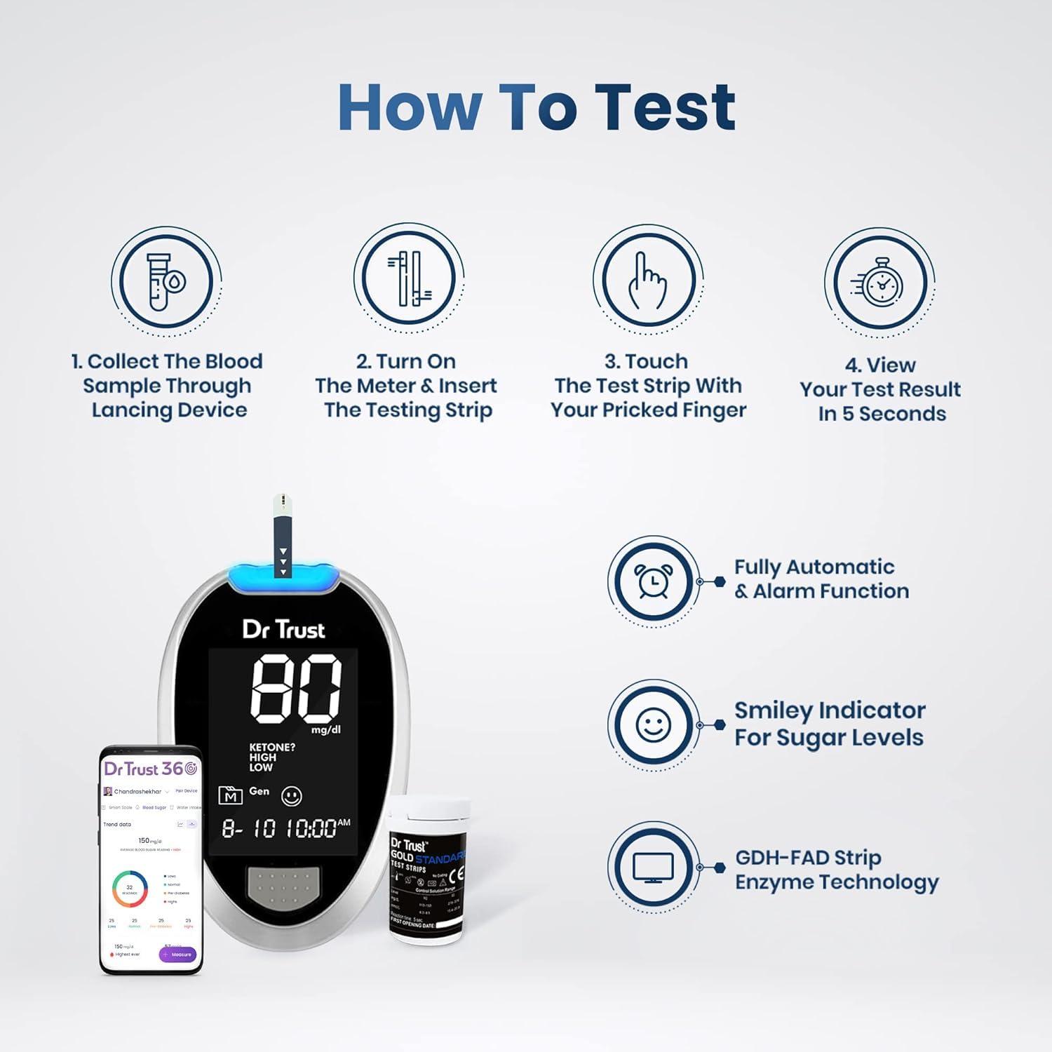 Dr Trust Dr Trust USA Gold Standard Blood Glucose Test Strips Plus Lancets - 50 Strips (Black) 9003