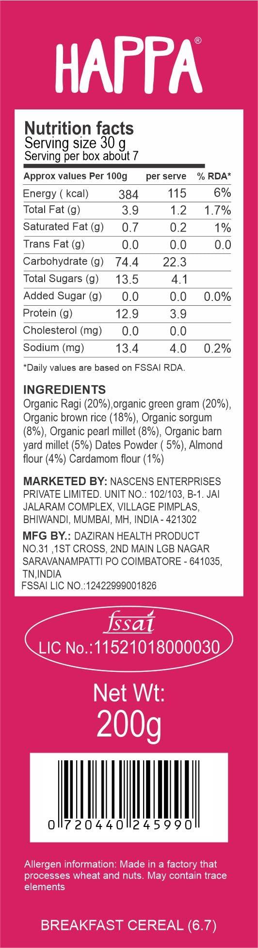 HAPPA Happa Organic Baby Food Sathu Maavu | 100% Natural Multi-Grain Millets and Cereals Porridge Mix Khichdi| Instant Health Food | No Added Salt, Sugar or Milk | No preservatives | 200gm