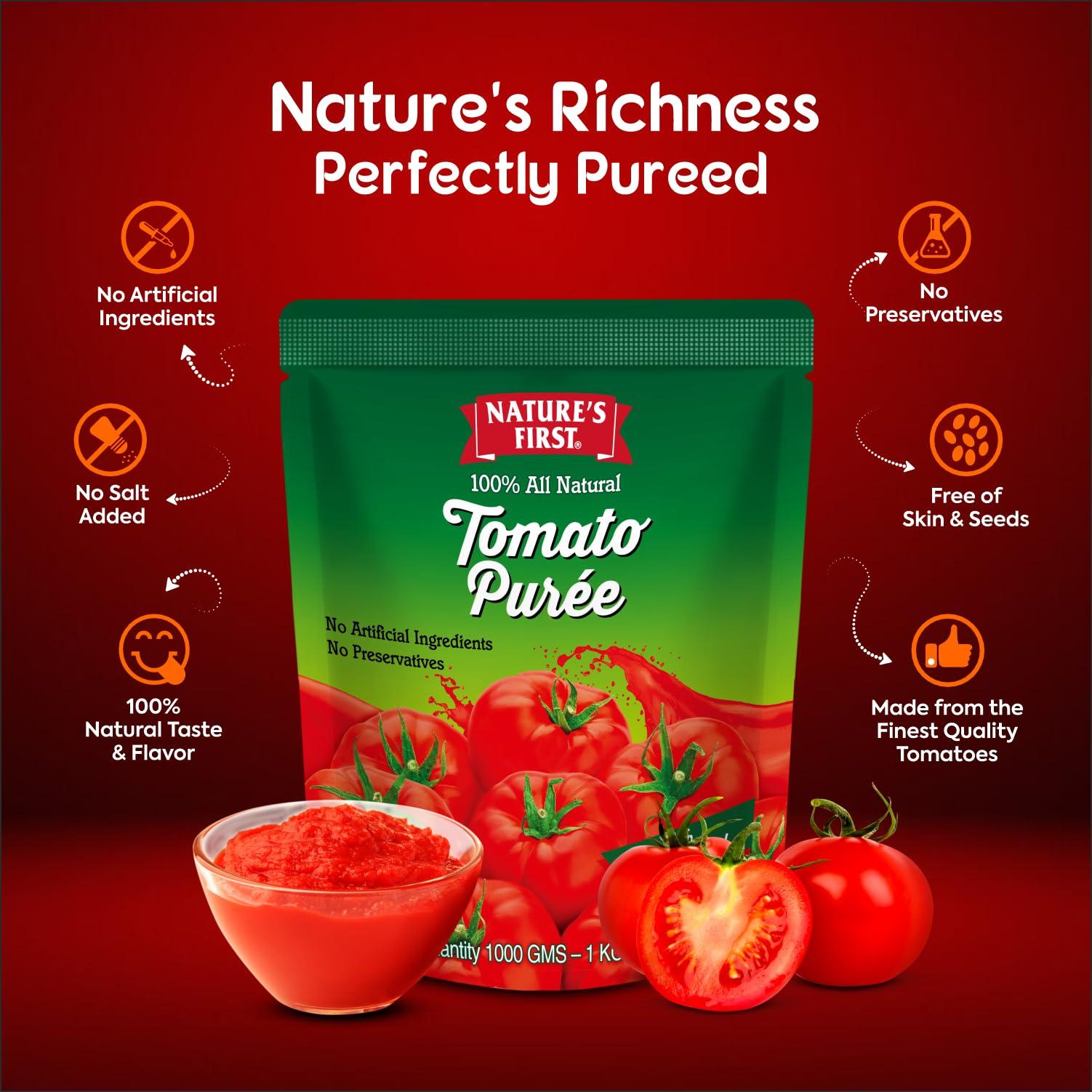 NATURE'S FIRST Nature\'s First Tomato Puree 1 Kg (Pack of 4), Fresh, Thick & Natural Tomato Paste for Cooking, Add Rich Flavour in Dishes, No Added Salt, No Preservatives, Sweet and Pure, Vegetarian