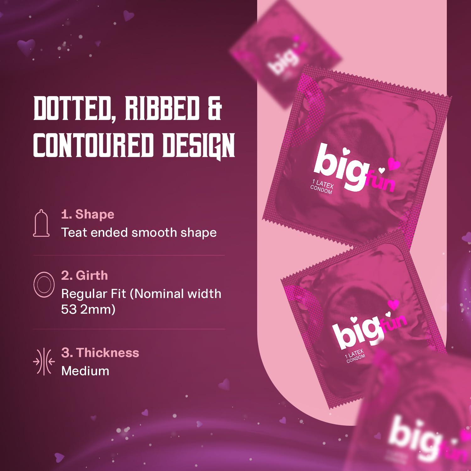 BIGFUN Bigfun Flavoured Condoms Combo Pack of 3 (10Pcs Each Pack) | Dotted, Ribbed & Contoured Long Lasting For Men | Bubblegum Flavour (Total 30pcs)