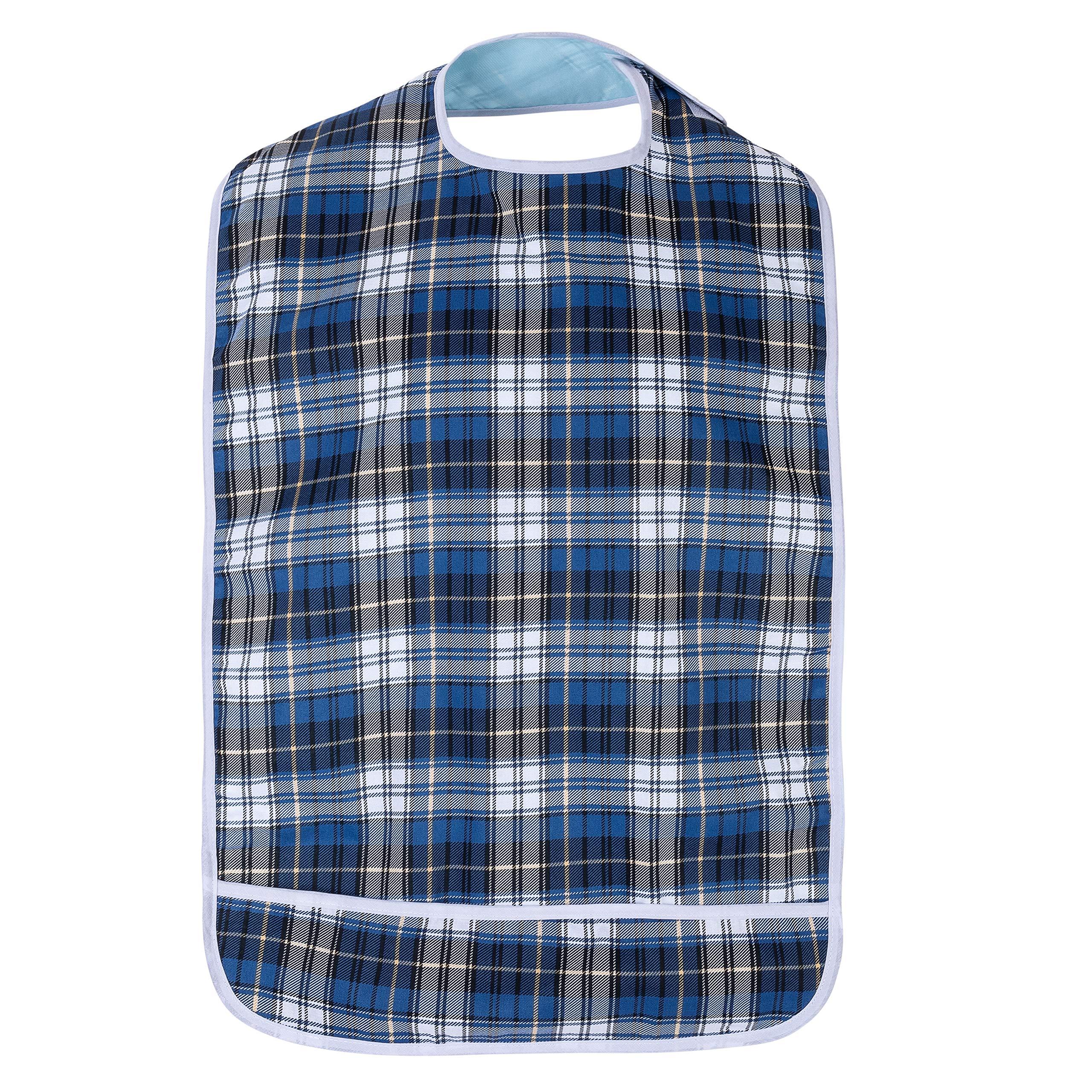 Shorewood Medical Adult Bib for Eating, Waterproof Clothing Protector with Crumb Catcher. Machine Washable, (Blue Plaid)