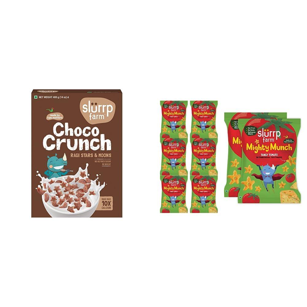 SLURRP FARM Slurrp Farm Choco Crunch Chocolate Cerealfor Kids | 400 g & Slurrp Farm Healthy Snacks for Kids | Mighty Puff Tangy Tomato| 8X 20g Each